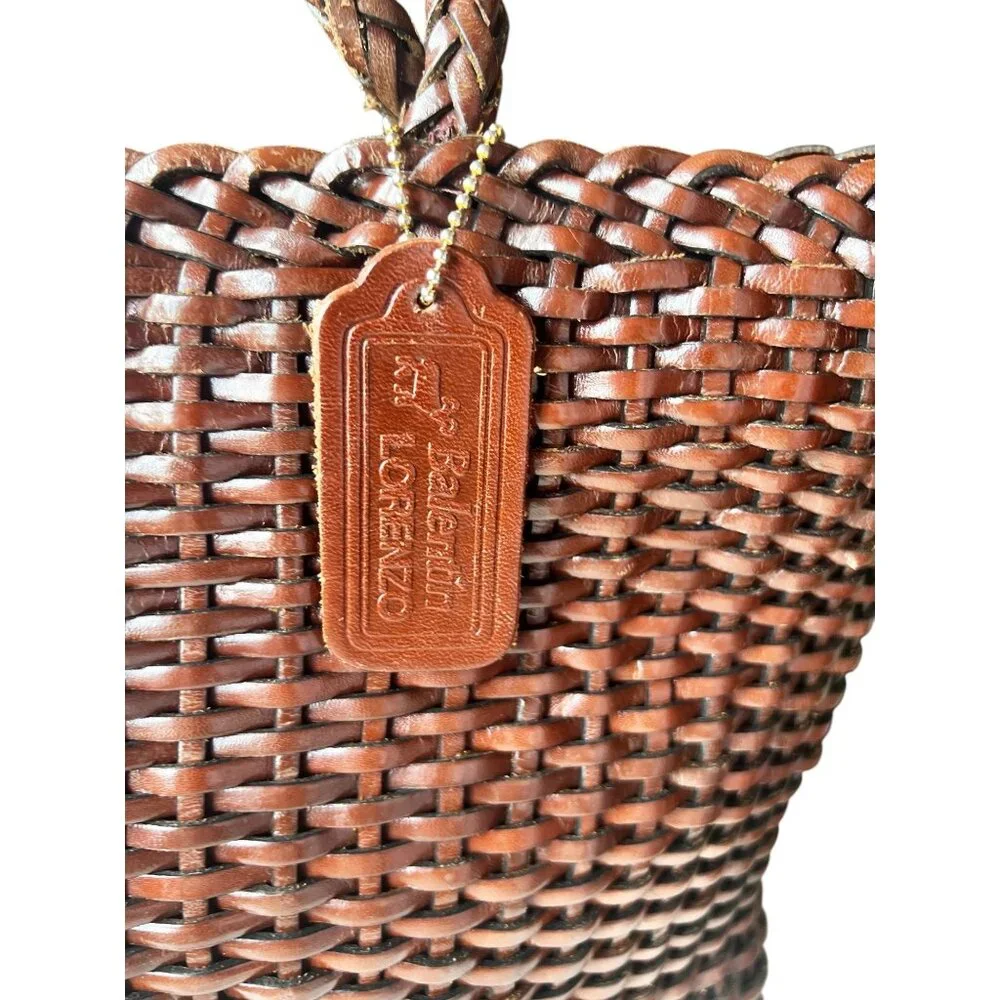 Balentin Lorenzo Handwoven Leather  Tote Bag With Logo Accents & Long Handles - Picture 3 of 13